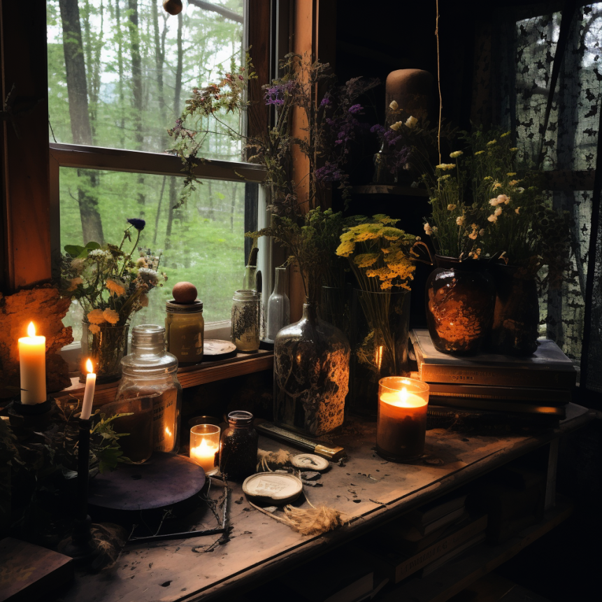 Dark Cottage Aesthetic of windowsill filled with plants and books