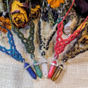 Natural Stone Macrame Necklace | Boho Style | Hippie Jewelry | Chakra Healing Crystal | Tribal Bohemian | Malachite Amethyst Jasper Quartz +