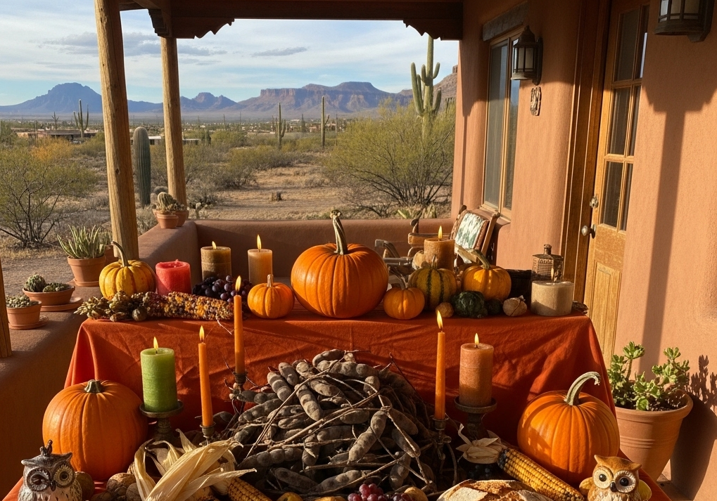 Mabon alter feast set up in southwest sonoran desert pumpkin, mesquite, apples