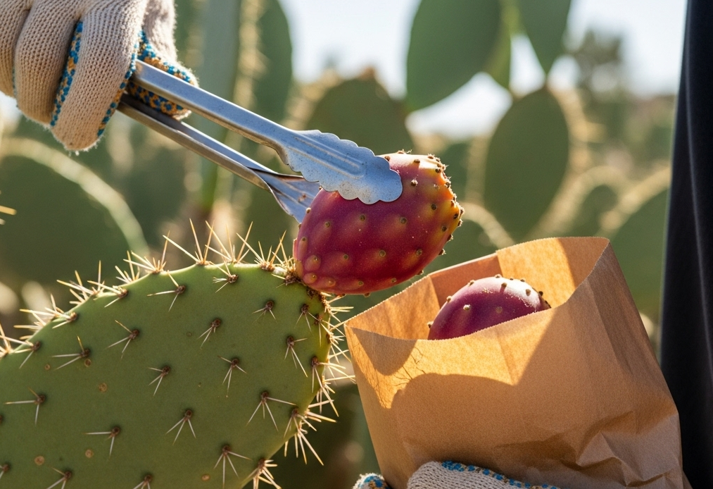 harvesting prickly pear for mabon in the desert
